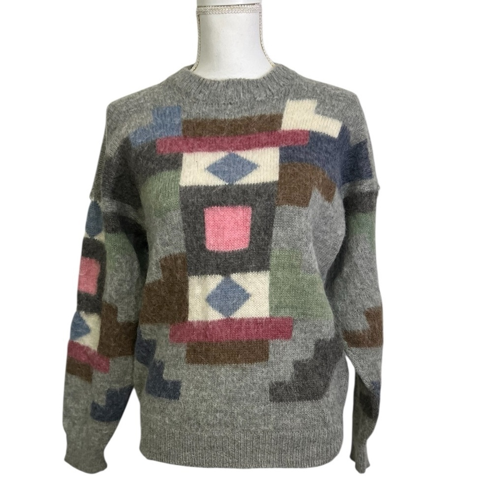 Vintage Fuzzy Wool Mohair Blend Geometric Sweater Women Medium Handmade